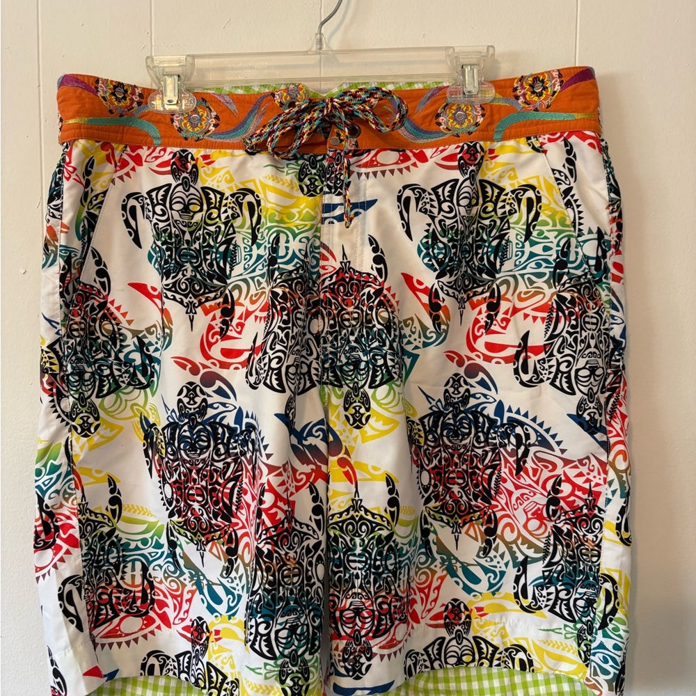 Robert Graham, tribal sea turtle swim trunks, colorful pattern embroidery 36